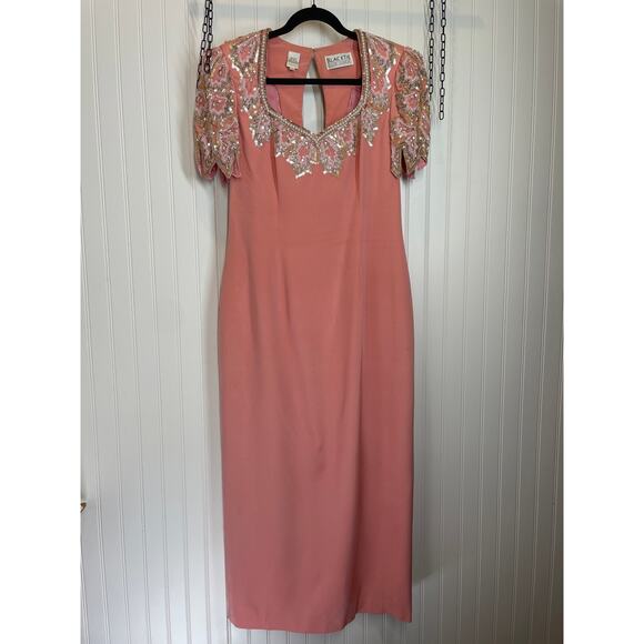 VTG Blacktie Oleg Cassini Maxi Mother Of The Bride Dress Peach Formal Silk 14 - Picture 1 of 8